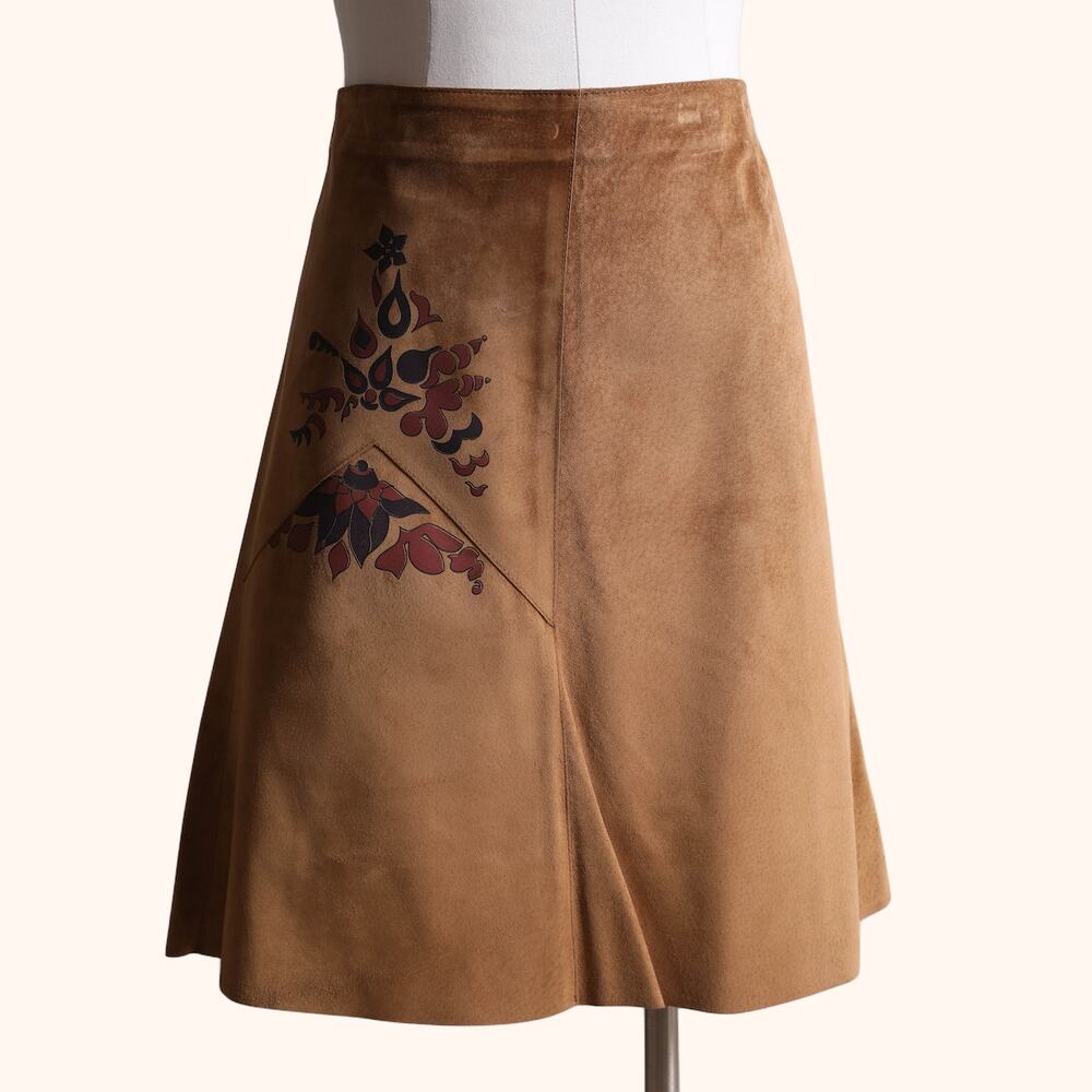 VIVIENNE TAM Vintage Brown Suede Graphic Print Knee-Length Skirt